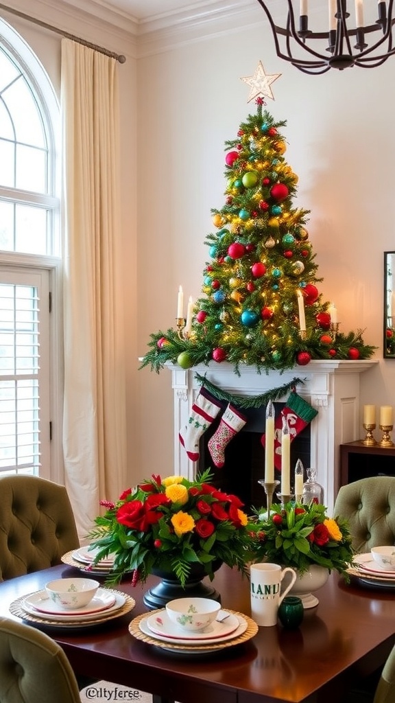 A cozy Christmas living room with a decorated tree, festive mantel, and holiday table setting.